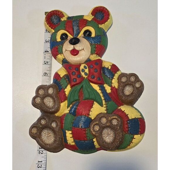 Patchwork Teddy Bear Wall Decor By Foam Craft 8" Multicolor Hand-Painted VTG Pie - Picture 1 of 5